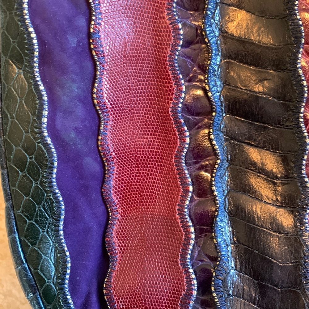 SHARIF vintage shoulder bag, strips of leather & suede, navy, maroon, purple VTG - Picture 8 of 17